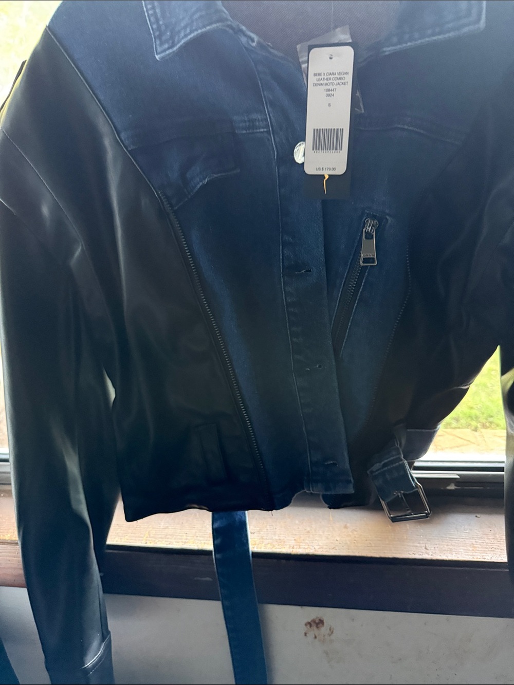 bebe Black Faux Leather and Dark Blue Moto Jacket with Belt